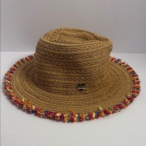 Betsey Johnson Tan Straw Hat with Multicolor Fringe